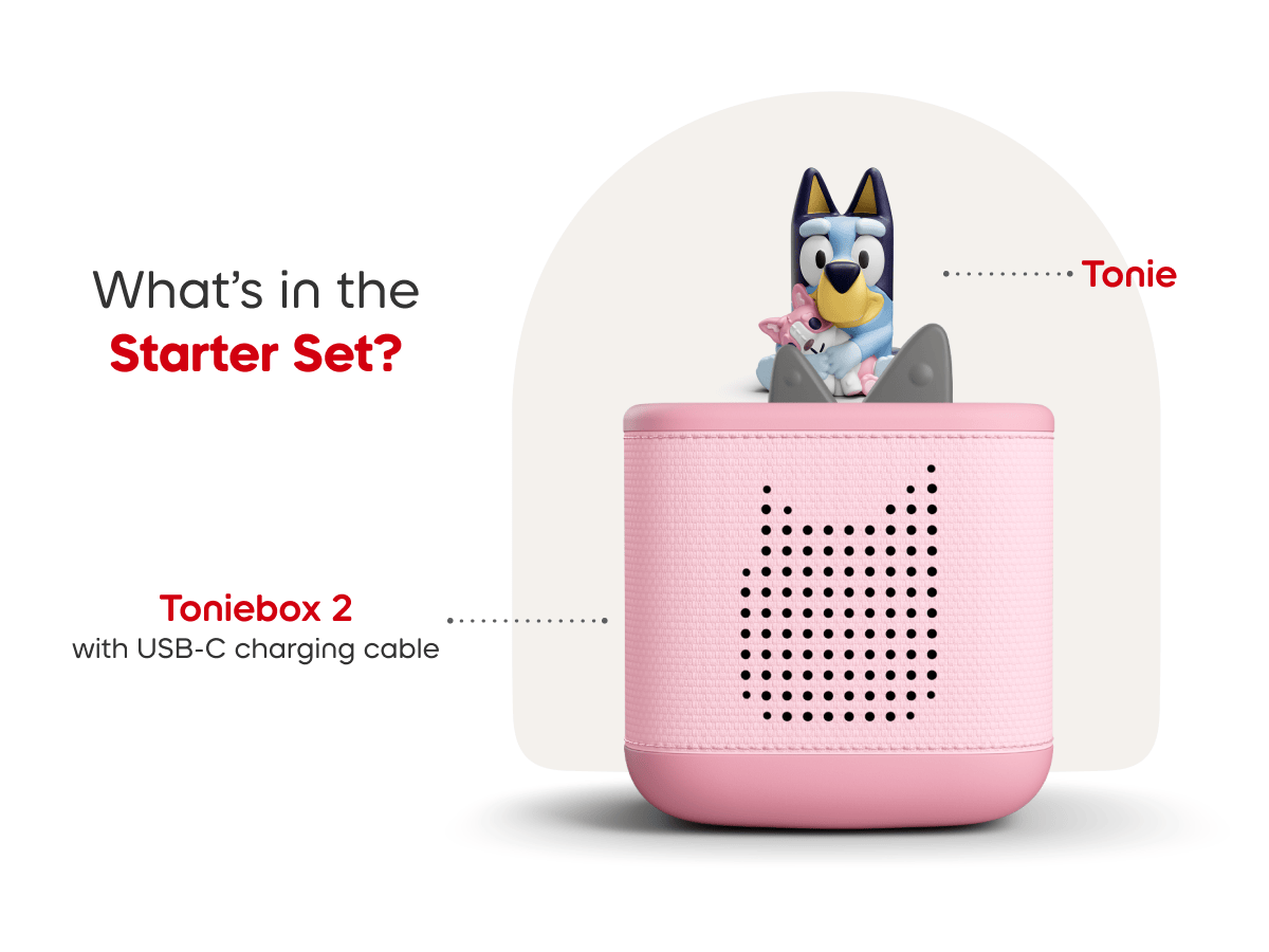 What¡¯s in the starter set? Pink Toniebox 2, Bluey audio figurine, and USC-C charging cable