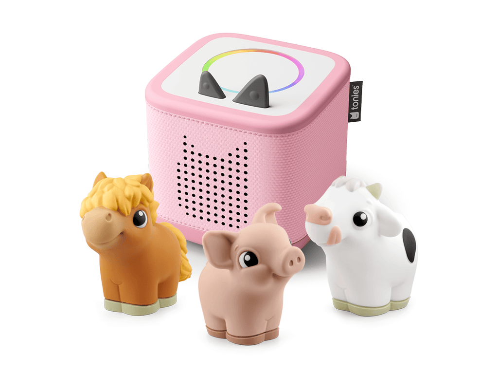 Pink Toniebox 2, an audio player for kids with My Furst Tonies Farm Set audio figurines