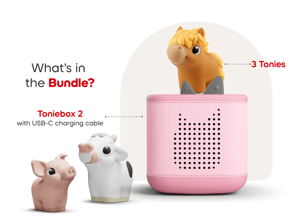 What¡¯s in the starter set? Pink Toniebox 2,My First Tonies Farm Set audio figurines, and USC-C charging cable